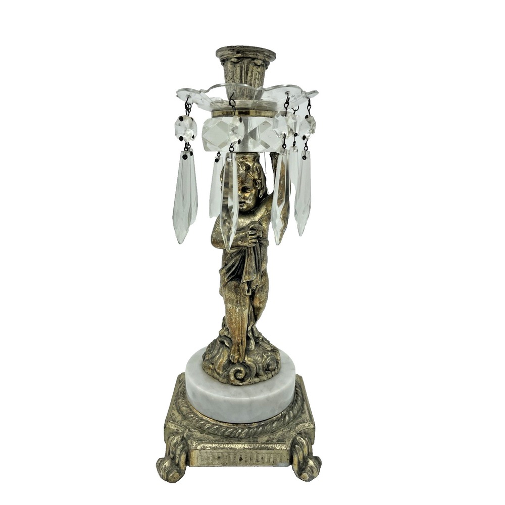 Vintage Gold Metal Cherub Taper Candleholder w/ Crystal Spike Prisms Marble Base